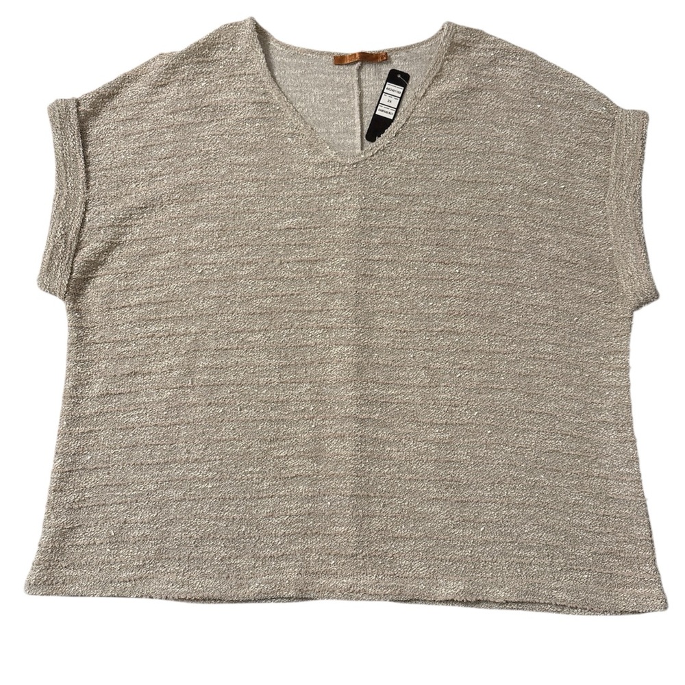 Belldini Textured Metallic Champagne Cozy Boucle Short Sleeve Fall Blouse